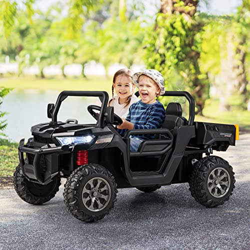 OLAKIDS 2 Seater Ride On UTV, 12V Kids Electric Vehicle Dump Truck with Remote Control, Dump Bed and Extra Shovel, Toddlers Battery Powered Car with Music, USB, AUX, Rocking Function (Black)