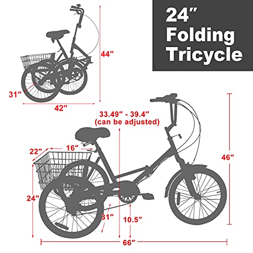 Barbella Adult Folding Tricycles Folding Bikes, 7 Speed 20/24/26 Inch 3 Wheel Adult Trikes Cruiser Bike with Large Basket, Foldable Tricycle for Adults, Women, Men, Seniors