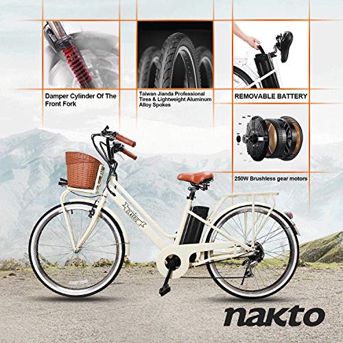 NAKTO 26" 350W City Electric Bicycle Sporting 6- Speed Gear EBike,Electric Bike with Removable 250W 36V10A Lithium Battery