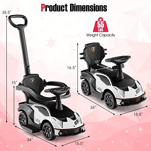 HONEY JOY Push Cars for Toddlers, Lamborghini Kids Toy Car Stroller w/Push Handle & Detachable Guardrail, Horn & Engine Sound, Seat Storage, Foot-to-Floor Ride On Push Car for Boys Girls(White)