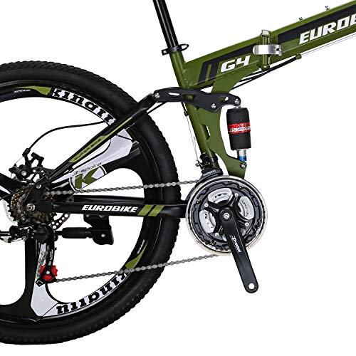 OBK 26 Inch Folding Mountain Bike Full Suspension Bikes Dual Disc Brake 21 Speed Bicycle for Adults Men or Women (Green Mag Wheels)