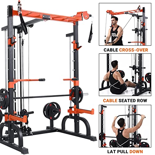 Mikolo Smith Machine Cage, Power Cage Rack with Cable System and Weight Bar, Total Body Training Equipment for Home Gym