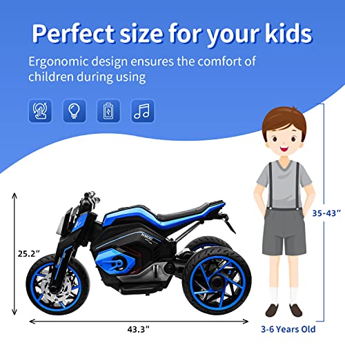 Track Seven Kids Motorcycle, 12V Battery Powered Toddler Ride on Toy for Kids, Rechargeable 3-Wheels Electric Motorcycle for Kids with 4 Horns, Kids Ride on Toys with Headlights, Pedal & Music, Blue