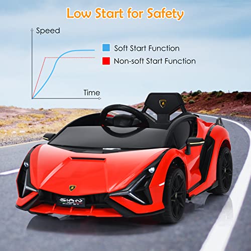 OLAKIDS Kids 12V Licensed Lamborghini SIAN Ride On Car, Electric Vehicle for Toddler with Control Remote, Battery Powered Toy with Music, Horn, 2 Speeds, Suspension, LED Lights, Bluetooth, USB (Red)