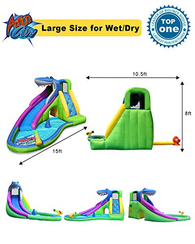 Action air Inflatable Waterslide, Shark Bounce House for Kids, Wet and Dry, 580W/0.8hp Air Blower Needed to Operate, Water Gun & Splash Pool (9417N-IP) Without Blower