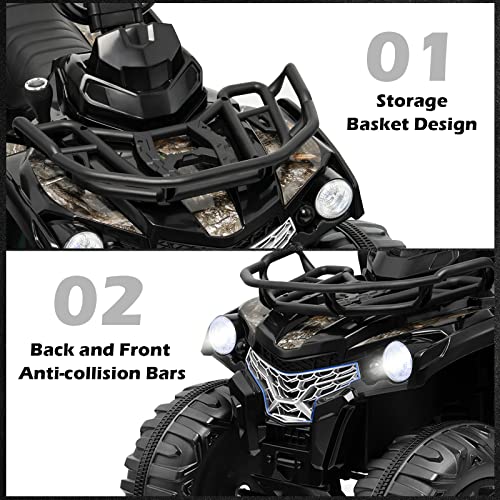 Costzon Kids ATV, 12V Battery Powered Electric Vehicle w/Music, Headlights, MP3, Spring Suspension, High & Low Speed, Treaded Tires, Storage Basket, Ride on 4 Wheeler Quad for 3-8 Years Old (Black)