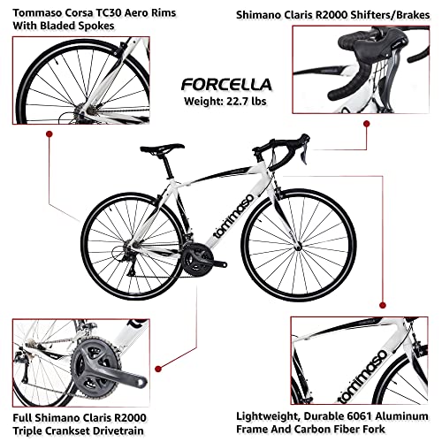 Tommaso Forcella Endurance Aluminum Road Bike, Carbon Fork, Shimano Claris R2000, 24 Speeds, Aero Wheels - Matte White - Small