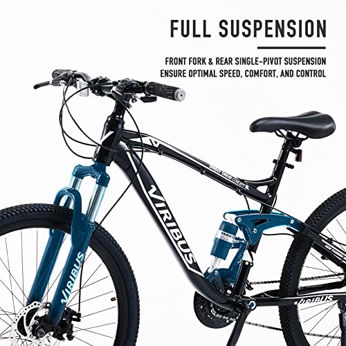 Viribus Adult Mountain Bike, 21 Speed 26 Inch All Terrain Bicycle with Aluminum Frame, MTB with Full Suspension Dual Disc Brakes Adjustable Seat More