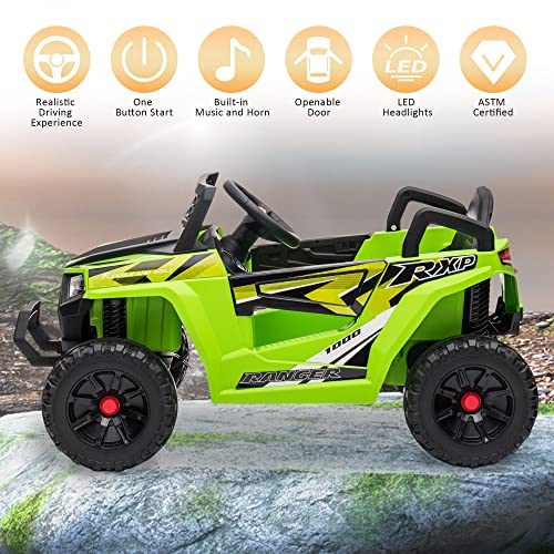 TOBBI 12V Kids Ride on Car, Electric Off-Road UTV Truck with Forward and Reverse Functions, Double Open Doors, Safety Belt, Horn, Music, and Lights for Kids Aged 3-5 Years (Fluorescent Green)