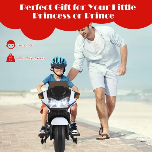OLAKIDS Kids 12V Ride on Motorcycle, Electric Motor with Music, Foot Pedal, Training Wheel, Bright LED Light, 3 Wheels Battery Powered Tricycle Toy for Toddler Boys Girls with USB, MP3, TF (White)