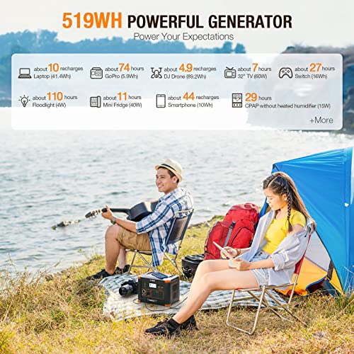 Portable Power Station 500W(Peak 1000W), 519Wh Outdoor Solar Generator Backup Battery Pack with 2 110V AC Outlets, 500W 10-Port Powerhouse for RV/Van Camping Fishing Climbing Road Trip Home Emergency