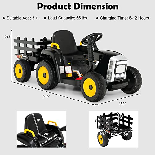 HONEY JOY Ride On Tractor with Trailer, 12V Electric Vehicle for Kids, 3-Gear-Shift Ground Loader, LED Lights, Horn, Music, Battery Powered Ride On Car with Remote Control, Gift for Boys Girls(Black)