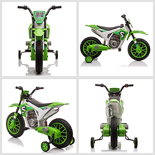 Aosom 12V Kids Motorcycle Dirt Bike Electric Battery-Powered Ride-On Toy Off-Road Street Bike with Charging Battery, Training Wheels Green