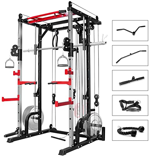 Mikolo Smith Machine, Power Cage with LAT Pull Down System, Total Body Workout for Home Gym
