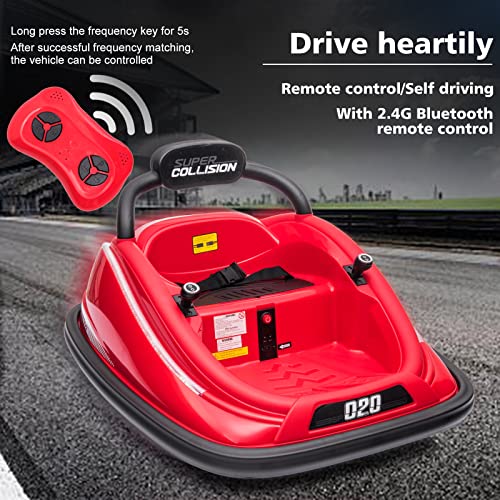 Bumper Car for Toddlers, 12V Electric Ride On Car Kids Bumper Car with Remote Control, 2 Driving Modes, Safety Belt,LED Lights, 360 Degree Spin Suitable for Outdoor Indoor Use (Red)
