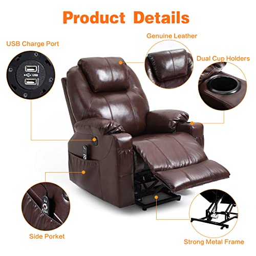 EASELAND Genuine Leather Lift Recliner,Power Lift Recliner Chairs for Elderly with Massage and Heat,OKIN Motor Lift Assist,USB Ports,2 Cup Holders,4 Side Pockets(Brown)