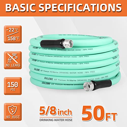 OULEME 50ft Upgraded RV Water Hose with Storage Bag, 5/8" Fresh Water Garden Hose for Travel Trailer Camper, Solid Aluminum Fittings, Drinking Water Safe, Anti Kink