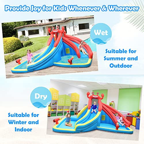 HONEY JOY Inflatable Water Slides for Kids, 7 In 1 Crab Themed Bouncy Water Castle w/Large Splash Pool & Water Guns, Bounce House for Wet & Dry, Outdoor Blow up Water Park for Backyard(Without Blower)