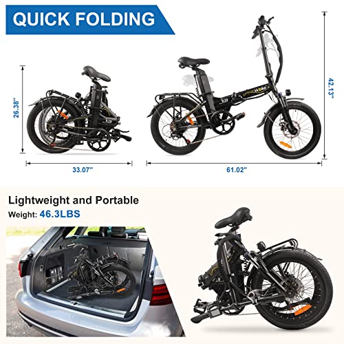 20 Inch Electric Bikes for Adults Folding Electric Bicycle Lightweight Ebike Commuting City E-Bike 400W Motor 48V 12Ah Removable Battery (20 inch, Black)