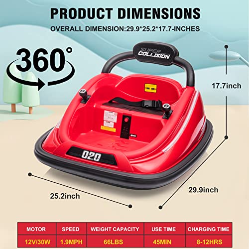 Bumper Car for Toddlers, 12V Electric Ride On Car Kids Bumper Car with Remote Control, 2 Driving Modes, Safety Belt,LED Lights, 360 Degree Spin Suitable for Outdoor Indoor Use (Red)