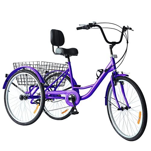 Sibosen Upgraded Adult Tricycle, Three Wheel Cruiser Bike 20-Inch 24-Inch and 26-Inch 3 Wheel Bike Trike, 7 Speeds, Wide Backrest Seat, Large Cargo Basket