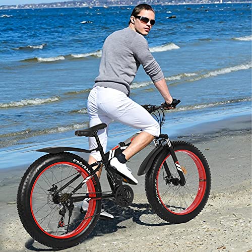 26 Inch 21 Speed Folding Fat Tire Mountain Bike, Snow Bicycle with Full Suspension & Dual Disc Brakes, Non-Slip Adult Mountain Bikes High-Carbon Steel Fat Tire Mountain Bike for Men & Women
