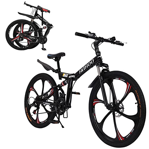 Kiosan Mountain Bike for Men 26 inch Folding Bike Full Suspension, 21 Speed High-Tensile Carbon Steel Frame MTB, Dual Disc Brake Bicycle for Women Bicicletas para Hombres (Black 2#6 Spoke)