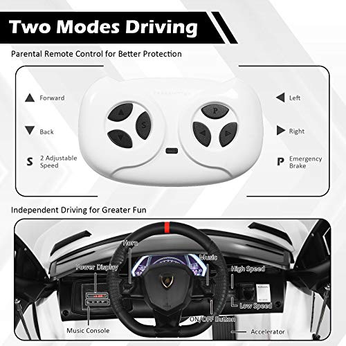 Costzon Ride on Car, Licensed Lamborghini SVJ,12V Battery Powered Car w/ 2.4G Remote Control, 3 Speeds, LED Light, Horn, Music,USB/TF/MP3, Spring Suspension, Electric Vehicle for Kids, White