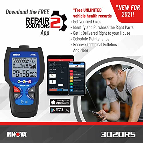 INNOVA 3020RS - OBD2 Scanner & Code Reader - Read/Erase Car Check Engine Light & Brake(ABS) Codes - Fast & Easy to use - Free Updates - Bluetooth w Free RepairSolutions2 App