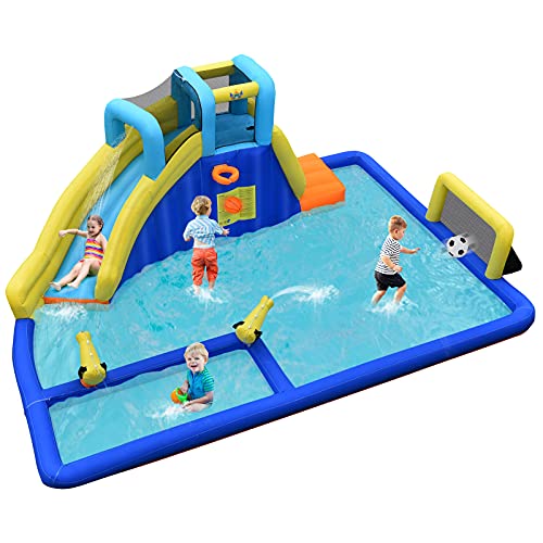BOUNTECH Inflatable Water Park, 6-in-1 Pool Water Slides for Kids Backyard w/ Curved Slide, Large Splash Water Pool, Soccer Goal, Climbing Wall, All Accessories (Without Air Blower)