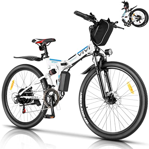 VIVI Electric Bike for Adults, Folding Electric Mountain Bicycle Adults 26 inch E-Bike 350W Motor Professional 21 Speed Gears with Removable 36V Lithium-Ion Battery (White Blue)