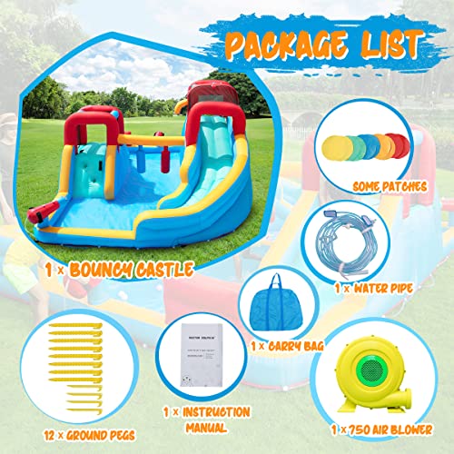 FBSPORT Inflatable Water Slide, 8 in 1 Water Slides Bouncer for Kids with Climbing Wall, Slides, Punching Bag, Water Guns, Splash Pool, Inflatable Water Park for Outdoor Backyard with 750W Air Blower