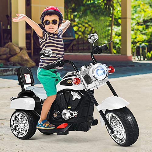 HONEY JOY Kids Motorcycle,6V Battery Powered Toddler Chopper Motorbike Ride On Toy w/Horn & Headlight, Foot Pedal, Music, 3-Wheel Mini Electric Motorcycle for Kids, Gift for Boys Girls(White)