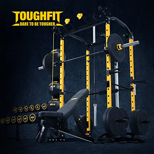 ToughFit Squat Rack Power Cage with Smith Machine - 1000 lbs Weight Cage with LAT Pull-Down Pulley System for Body Training Garage & Home Gym Equipment (Combo 2 with 500lb bar)