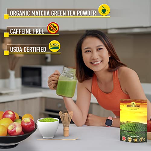 Matcha Green Tea Powder – Organic 80% Decaf Ceremonial Grade – Low Caffeine - Sugar Free – USDA Certified Authentic Japanese Origin – Ideal for Latte Smoothie Baking – Value Size 3.5oz 100g