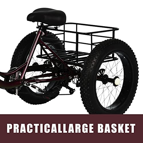 Ongmies Adult Tricycle Cruise Bikes 24" with Basket 3 Wheels 1/7 Speed for Shopping with Install Tools Comfortable Load Capacity 330 lbs (Dark red-20)