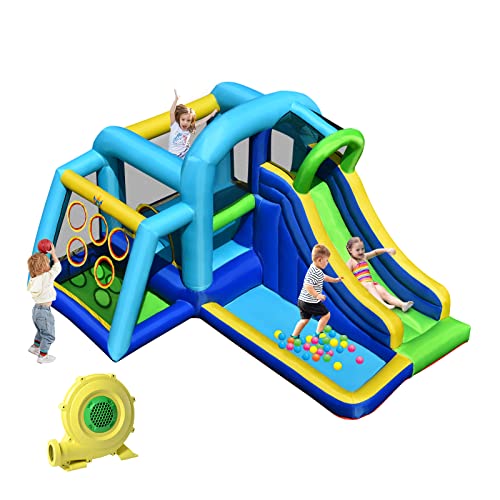 BOUNTECH Inflatable Bounce House, 5 in 1 Kids Jumping Bouncer w/ Jumping Area, Climbing, Ball Throwing Area, Slide Bouncer Jumping Castle Including Carry Bag, Stakes, Repair (with 735W Air Blower)