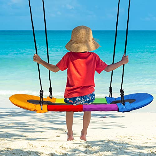 Juegoal Tree Swing for Kids Adults, 18.5" x 49" 300 lb Weight Capacity, Outdoor Rope Swing, Platform Saucer Swing with Adjustable Hanging Straps, Safe Steel Frame and Colorful Durable Swing Seat