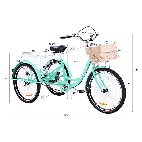 Viribus 24" or 26" Adult Tricycle with Removable Wheeled Basket, Single Speed Cargo Cruiser Trike Bike with Front Basket and Dustproof Bag, Three Wheel Bike for Shopping, Mens or Womens Tricycle