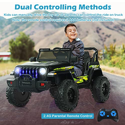 INFANS Kids Ride on Car Truck with 2.4G Remote Control, 12V Battery Powered Electric Cars for Kids w/3 Speeds, Battery Display, LED Lights, Safety Belt, Music & Horn, Bluetooth/FM/USB (Dark Black)