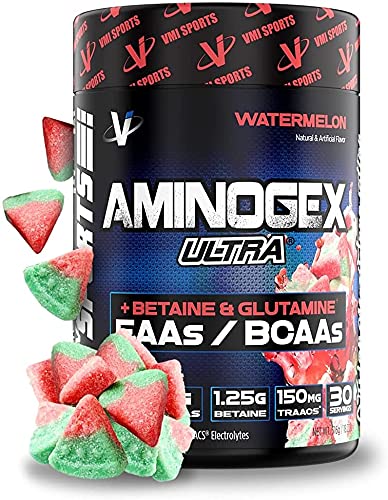 VMI Sports | Aminogex Ultra | BCAA Powder | Amino Acids + Betaine and Glutamine | Amino Acid Post Workout Recovery Drink | Intra Workout Drink with TRAACS Electrolytes | (Watermelon, 30 Servings)