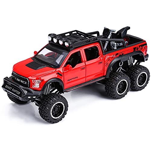 SASBSC Toy Pickup Trucks for Boys F150 Raptor DieCast Metal Model Car with Sound and Light for Kids Age 3 Year and up RED