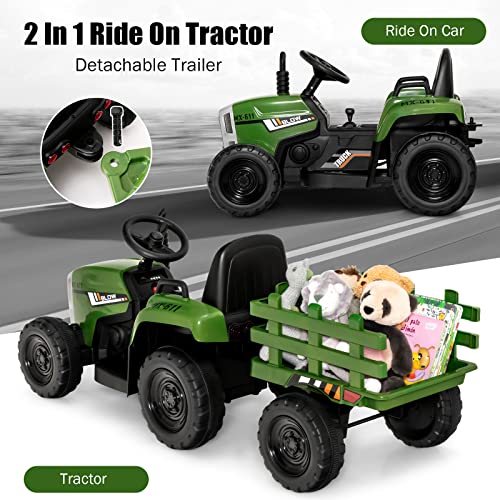 Costzon Ride on Tractor w/Trailer, 12V Battery Powered Electric Vehicle Toy w/Remote Control, 3-Gear-Shift Ground Loader, Treaded Tires, USB, LED Lights, Audio, Safety Belt, Kids Ride on Car