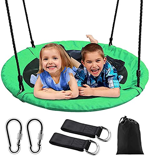 Braoses Saucer Tree Swing for Kids Adults, 700lb 40 inch Large Round Outdoor Nest Swing 900D Oxford Waterproof 2 Height Adjustable Tree Hanging Straps & 2 Carabiners, Accessories Set Included Green