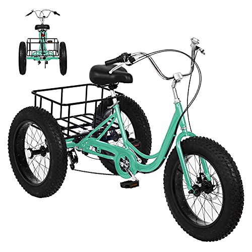 Ongmies Adult Tricycle Bikes Fat tire 20" with Basket, 3 Wheels 1/7 Speed Cruise Trike, for Shopping, with Installation Tools, Comfortable Bicycles, for Men Women,max Load 350 lbs (Mint Green-20)