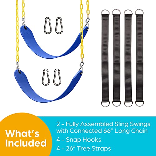 Jungle Gym Kingdom Outdoor Swing Seat Replacement - Pack of 2 Replacement Swings for Swingsets for Outside with Plastic Coated Chains and 4 Hooks, Playground Accessories, Blue