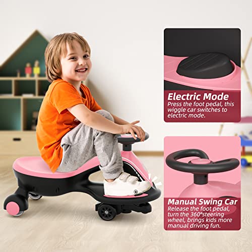 GLAF Electric Wiggle Car for Kids Ride On Toys for Toddler Age 3 Years and up Electric Vehicles for Boys Girls with Rechargable Battery Powered Pedal Anti-Rollover Wheels with Lights (Pink)