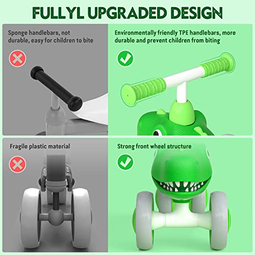 Peradix Baby Balance Bike, Toddler Balance Bike Toys for 1 Year Old, 10-36 Months Dinosaur Riding Toys, No Pedal 4 Silence Wheels & Adjustable Seat, First Birthday for Boy Girl (Green)