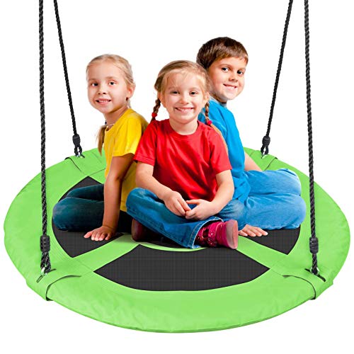 Odoland 40 inch Kids Saucer Tree Swing, Large Outdoor Chidren Round Rope Swing Installed on Tree and Backyard, Big Flying Saucer Platform Swing 660lb Weight Capacity Great for 3 Kids and 1 Adult Green