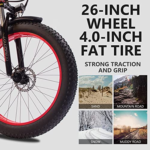 YEASION 1000W Fat Tire Electric Bike for Adults 48V/14AH Removable Battery 26 Inch Fat Tire Snow Mountain Beach Folding Ebike for Men and Women Black Red